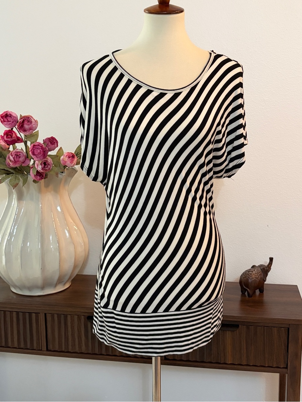 AB Studio Black and White Diagonal Stripe Short Sleeve Top